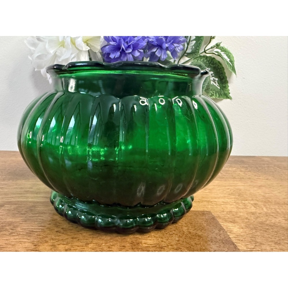 Vintage Randall Glass ALR Co Forest Green Ribbed Planter Bowl Art MCM Decor‎
